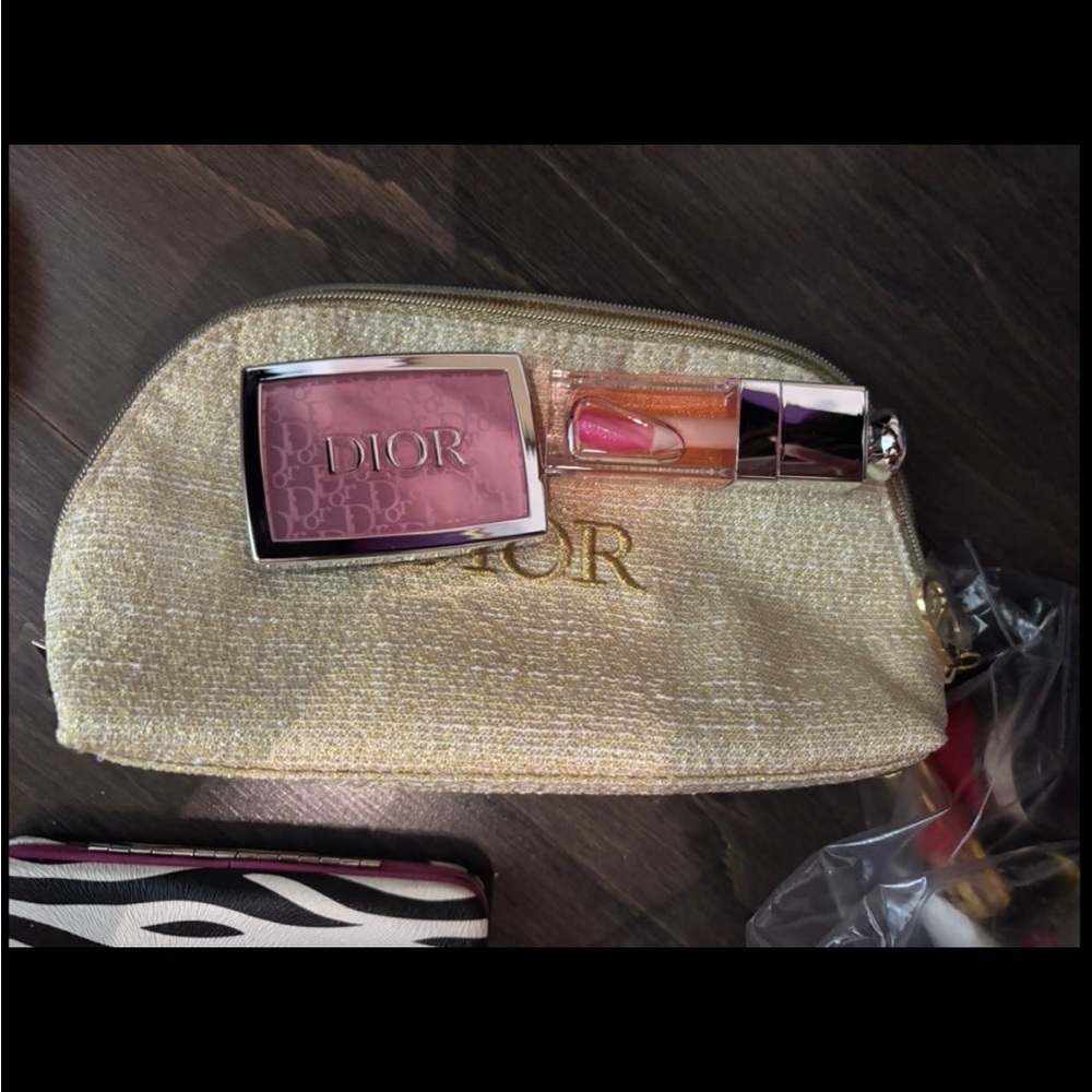 Dior Gold Pouch with Pink Blush and Lipstick